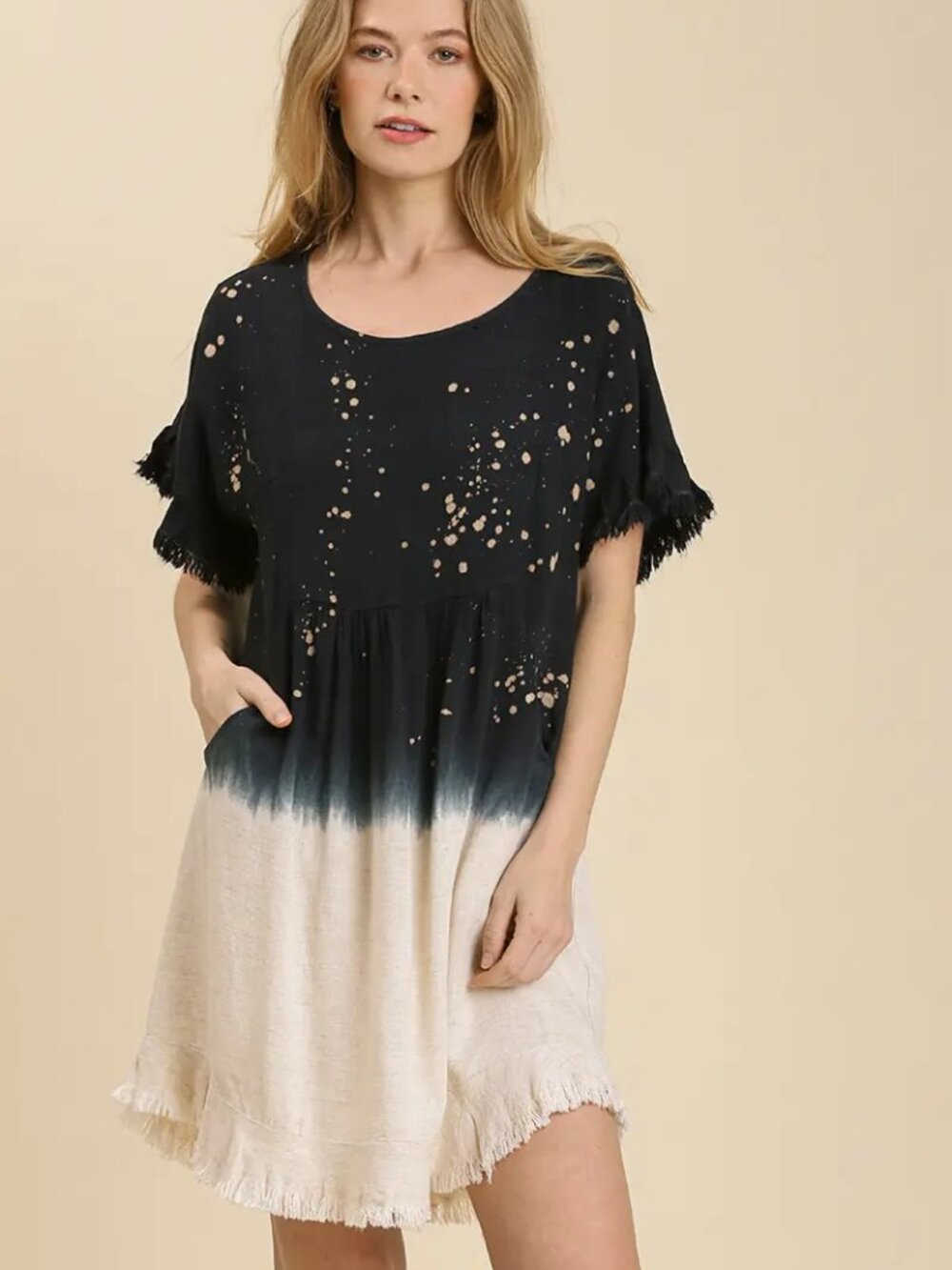 B34  Umgee Linen Blend Bleach Dip Dye Round Neck Lining Detail Pocket Dress NEW